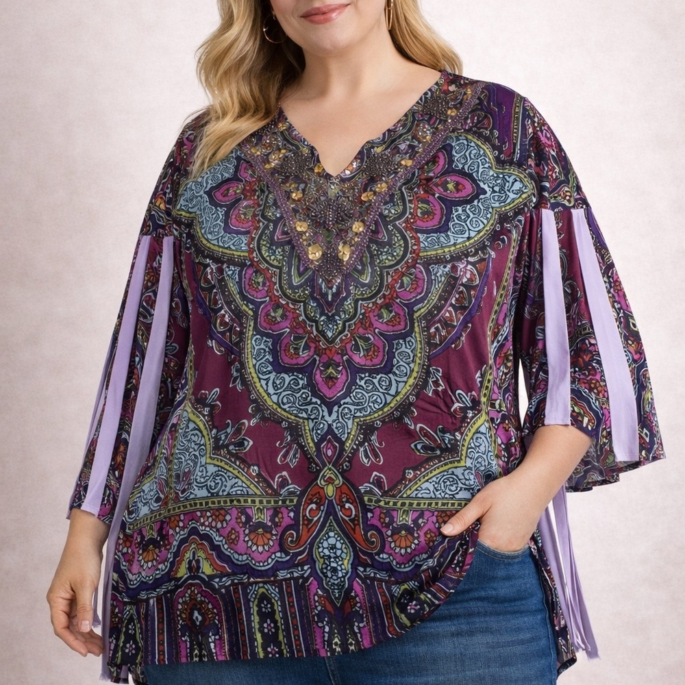 Catherine's 1X Paisley Boho Fringe Sleeve Top Embellished V Neck Plus Size